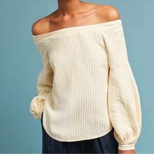Anthropologie Maeve Clotille Off The Shoulder Top Balloon Sleeves Yellow Striped